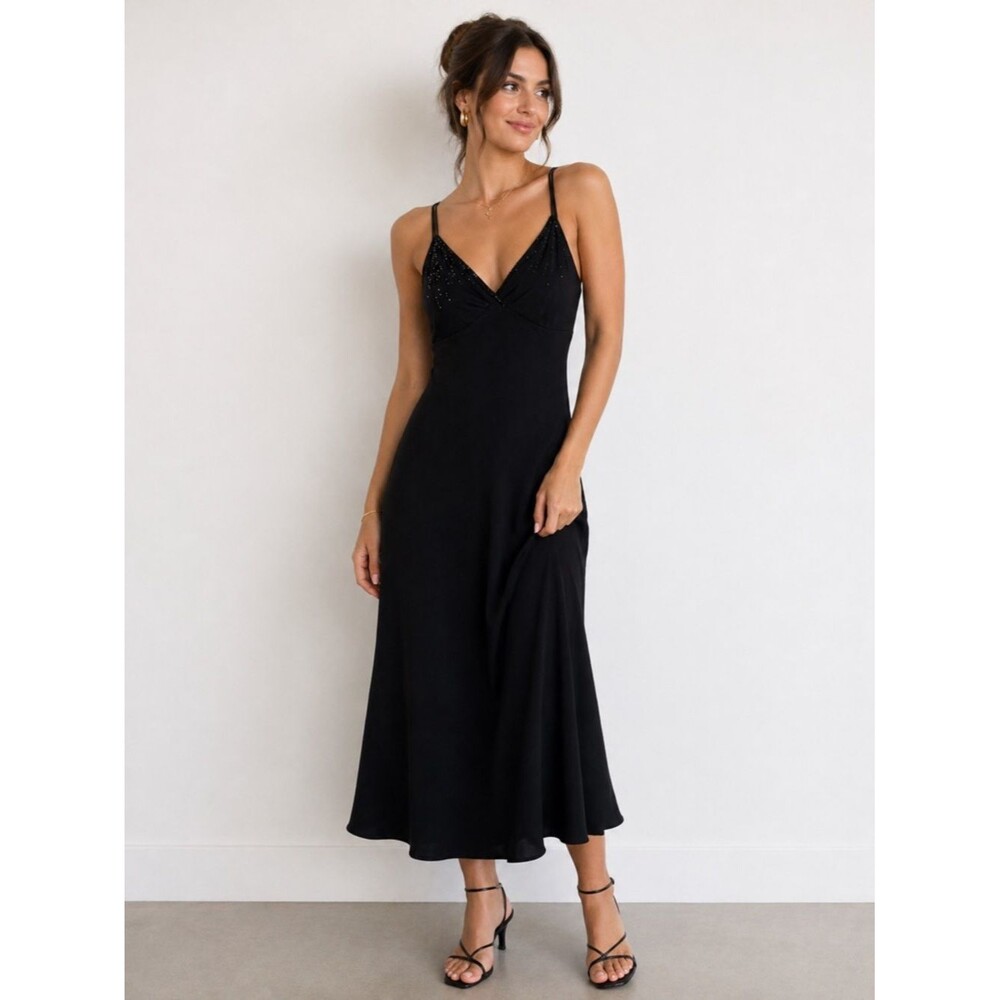 Jones New York Black Beaded Slip Midi Dress sz S classic cocktail minimalist